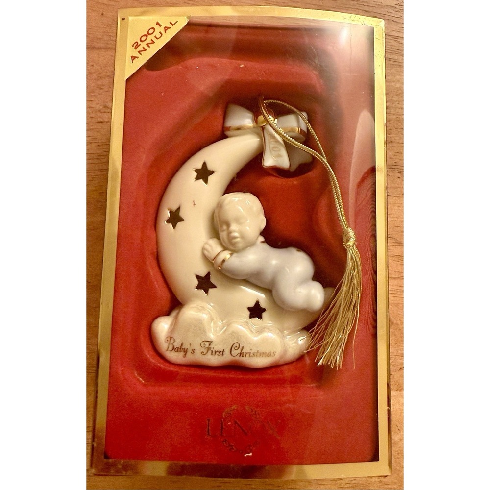 Lenox Babys First Christmas Boy Sleeping on Moon Ornament 2001 Vintage